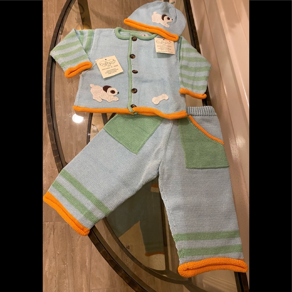 NWT *ZACKALI 4 KIDS* 3-Piece *DOGGIE* Set…Cardigan,Pants,Hat … Size: 12M
